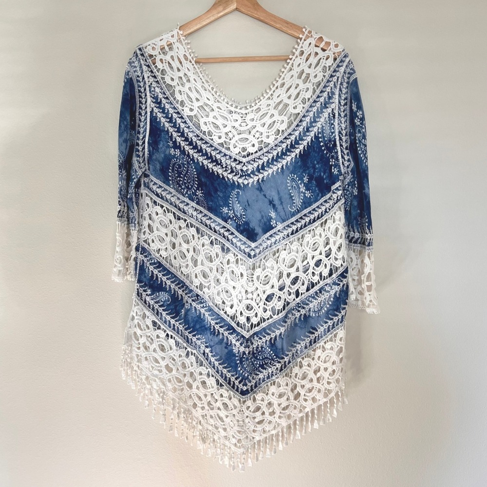 Cover-Up‎ Blue Tie Dye Paisley Embroidered Crochet Lace Tassel Tunic One Size